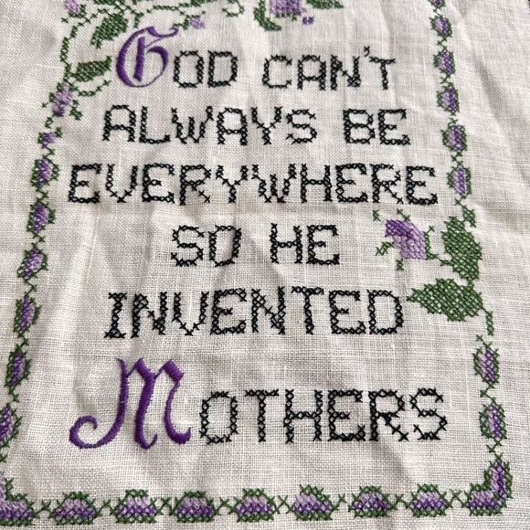 Vintage Embroidered God Invented Mothers Sampler Folk Art Primitive Handmade 80s - Picture 2 of 10